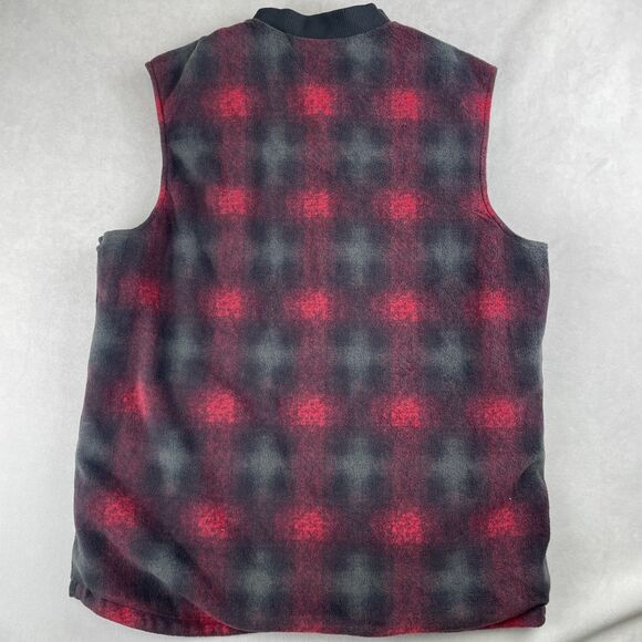 Columbia Vest Men M Black Green Reversible Fleece Plaid Lined Full Zip Hike Fish - Picture 5 of 11